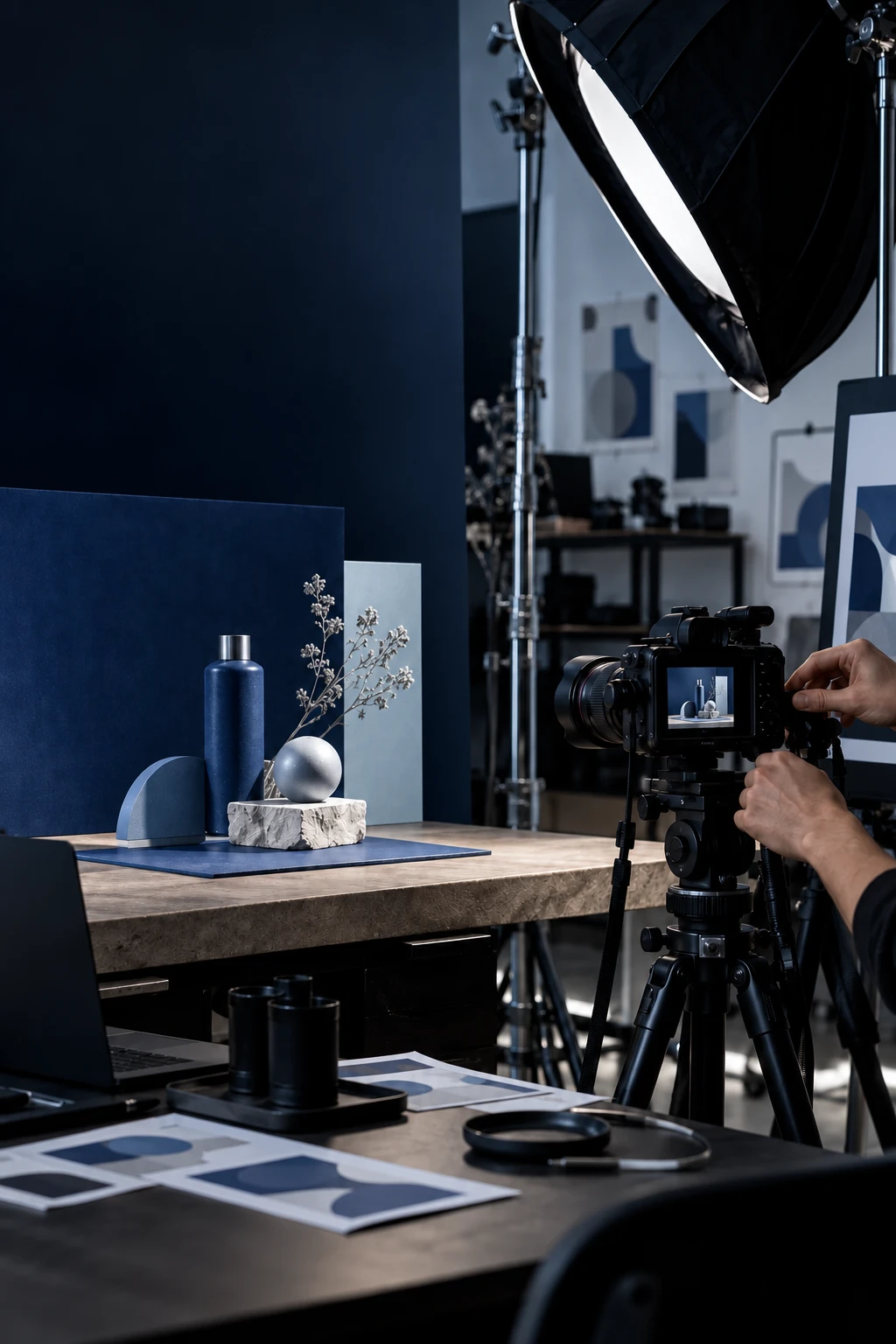 A camera and studio lights framing a blue and silver product composition